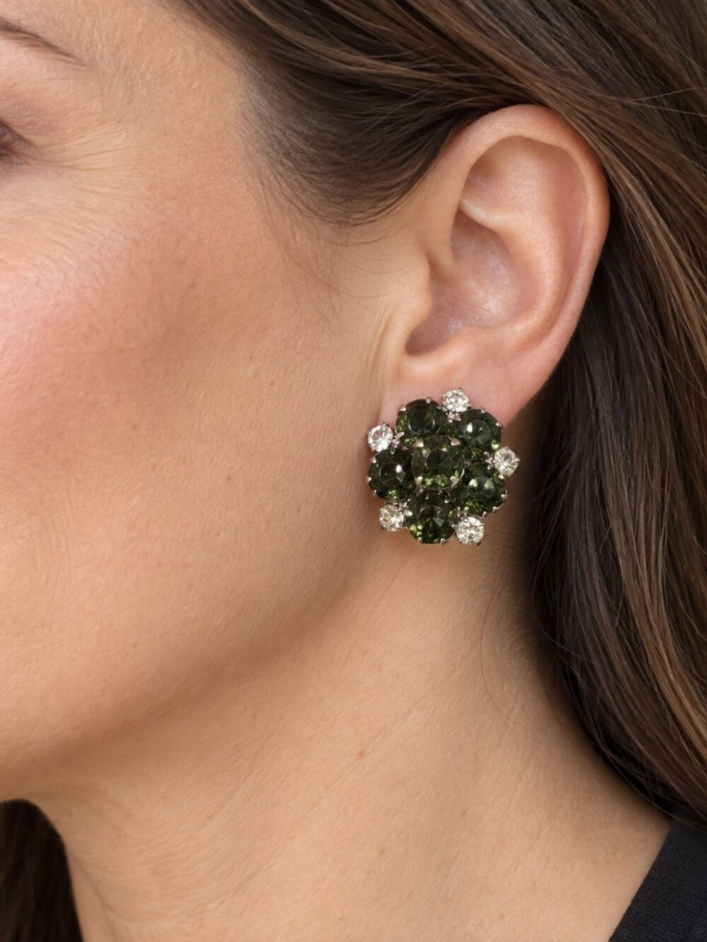 Vintage Olive Green & Clear Rhinestone Floral Cluster Clip-On Earrings